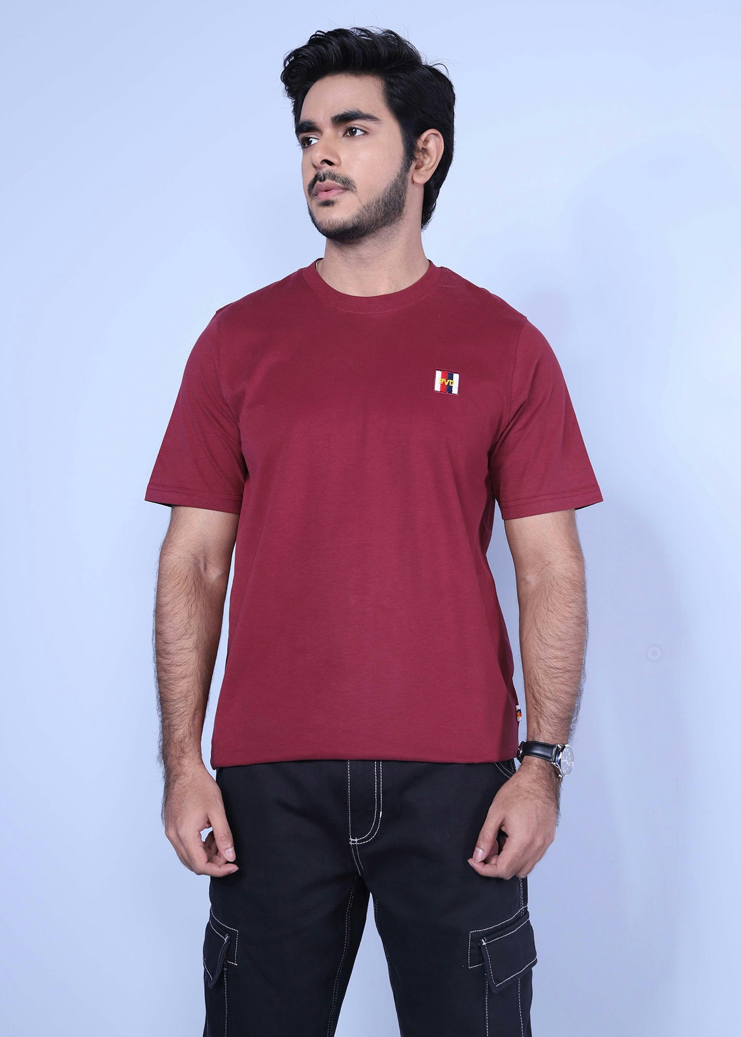 california t shirt burgundy color half front view_