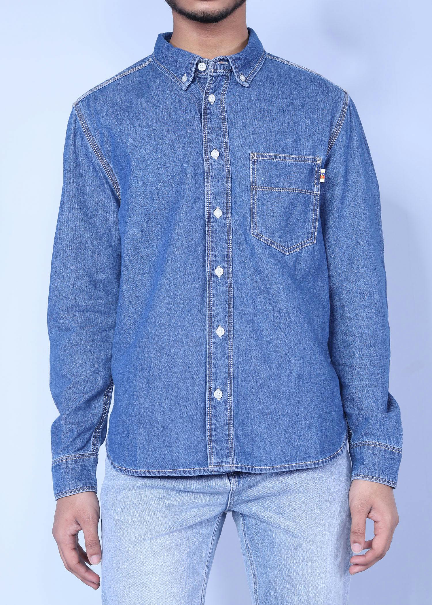 corsica v denim shirt mid blue color half front view