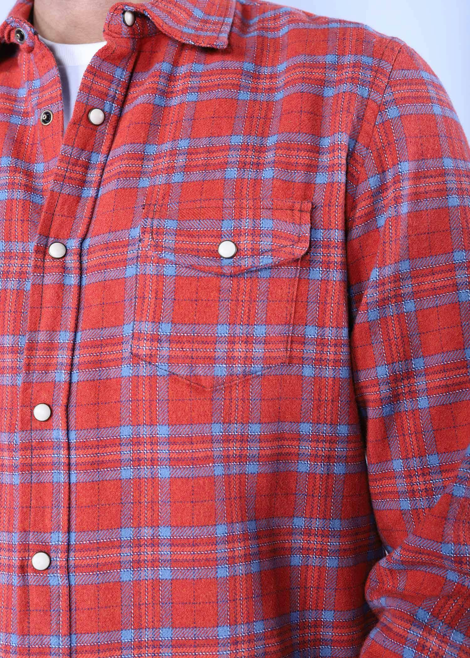 owl flannel shirt red blue color close front view