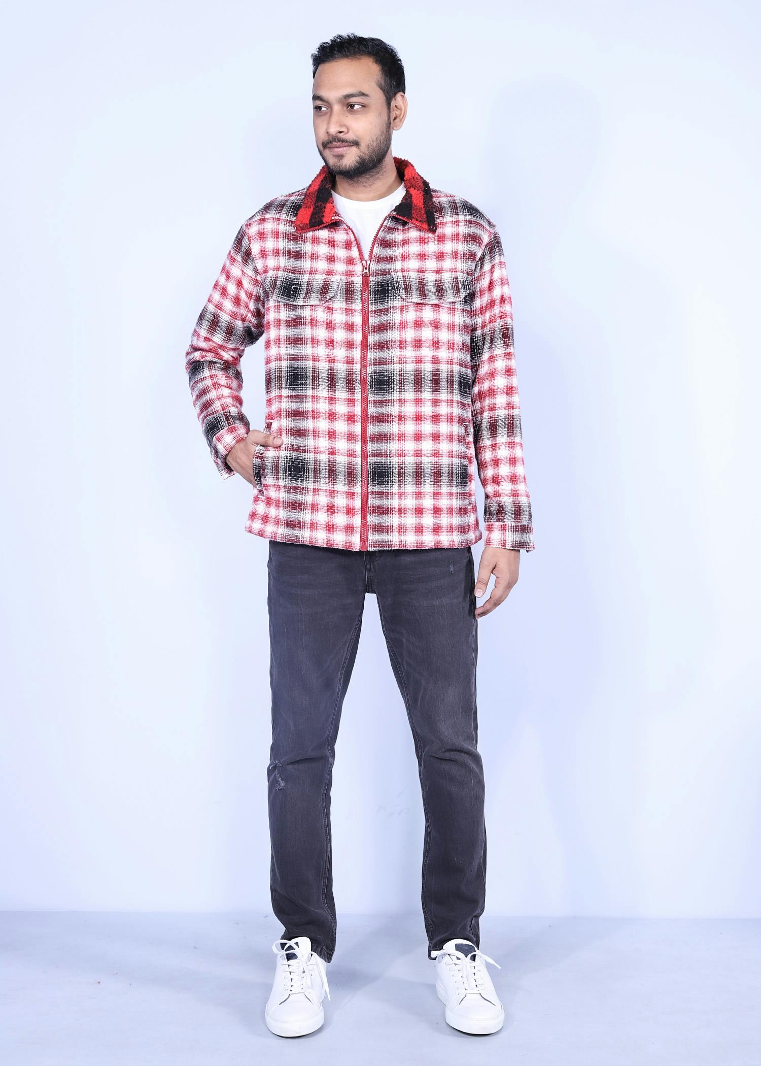 junco i sherpa jacket red check color full front view