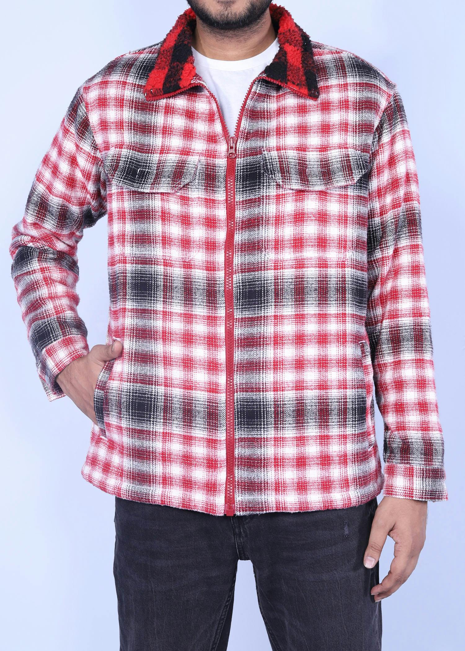 junco i sherpa jacket red check color half front view
