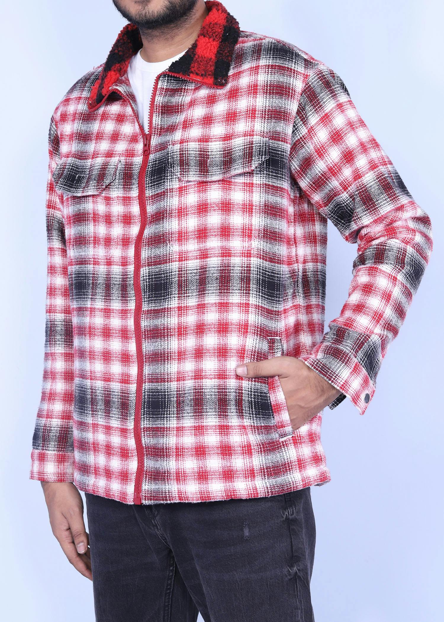 junco i sherpa jacket red check color half side view