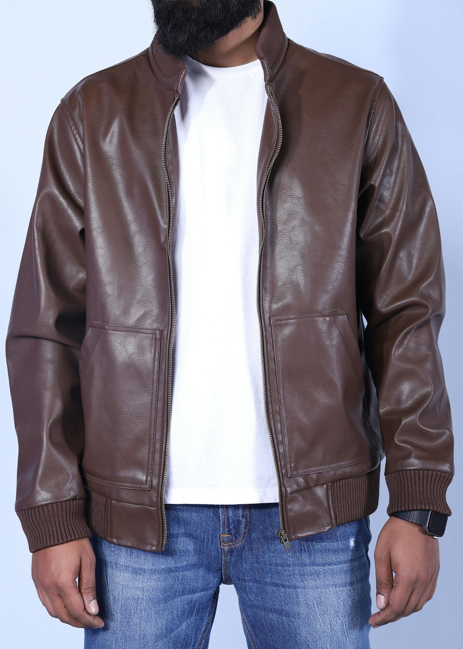 sunbittern leather jacket brown color half front view