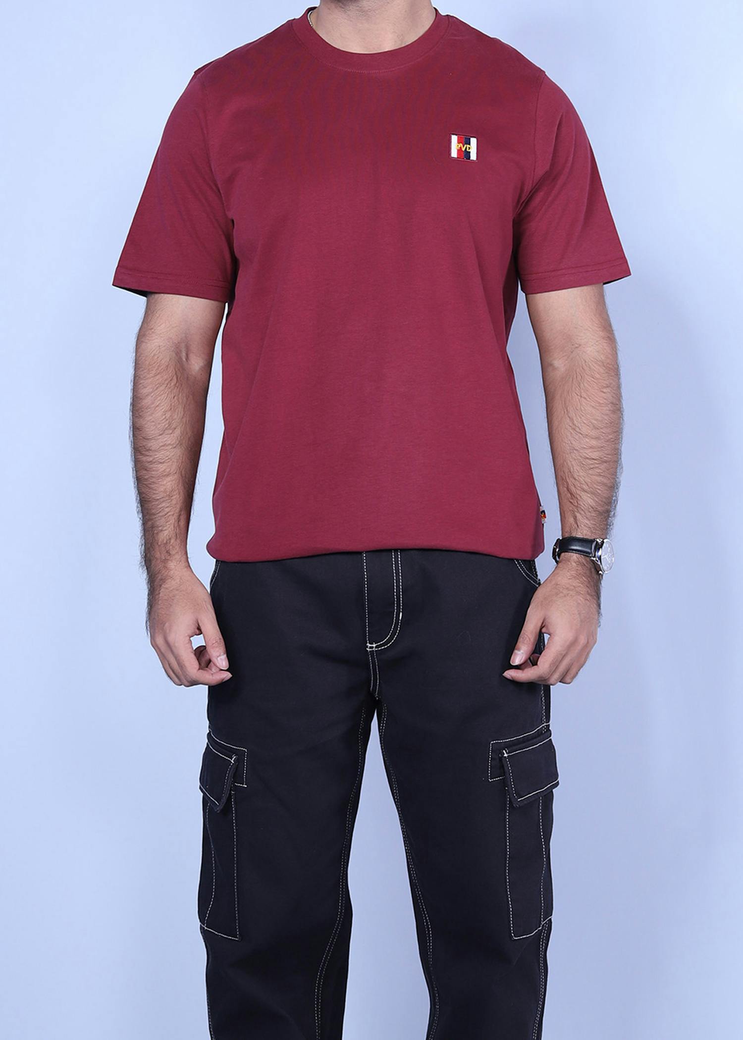 california t shirt burgundy color full front view