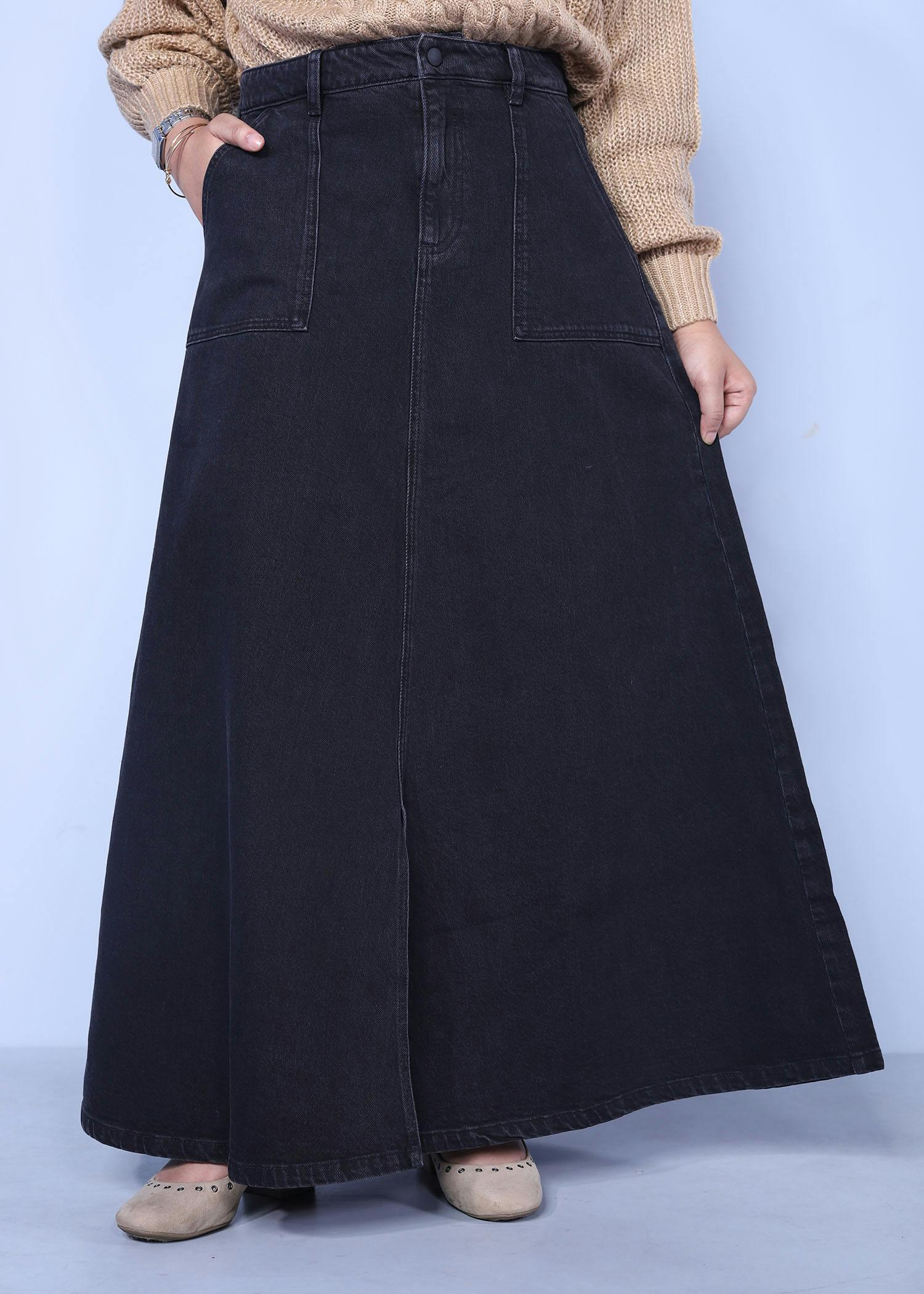 columbine i denim skirt black color half front view
