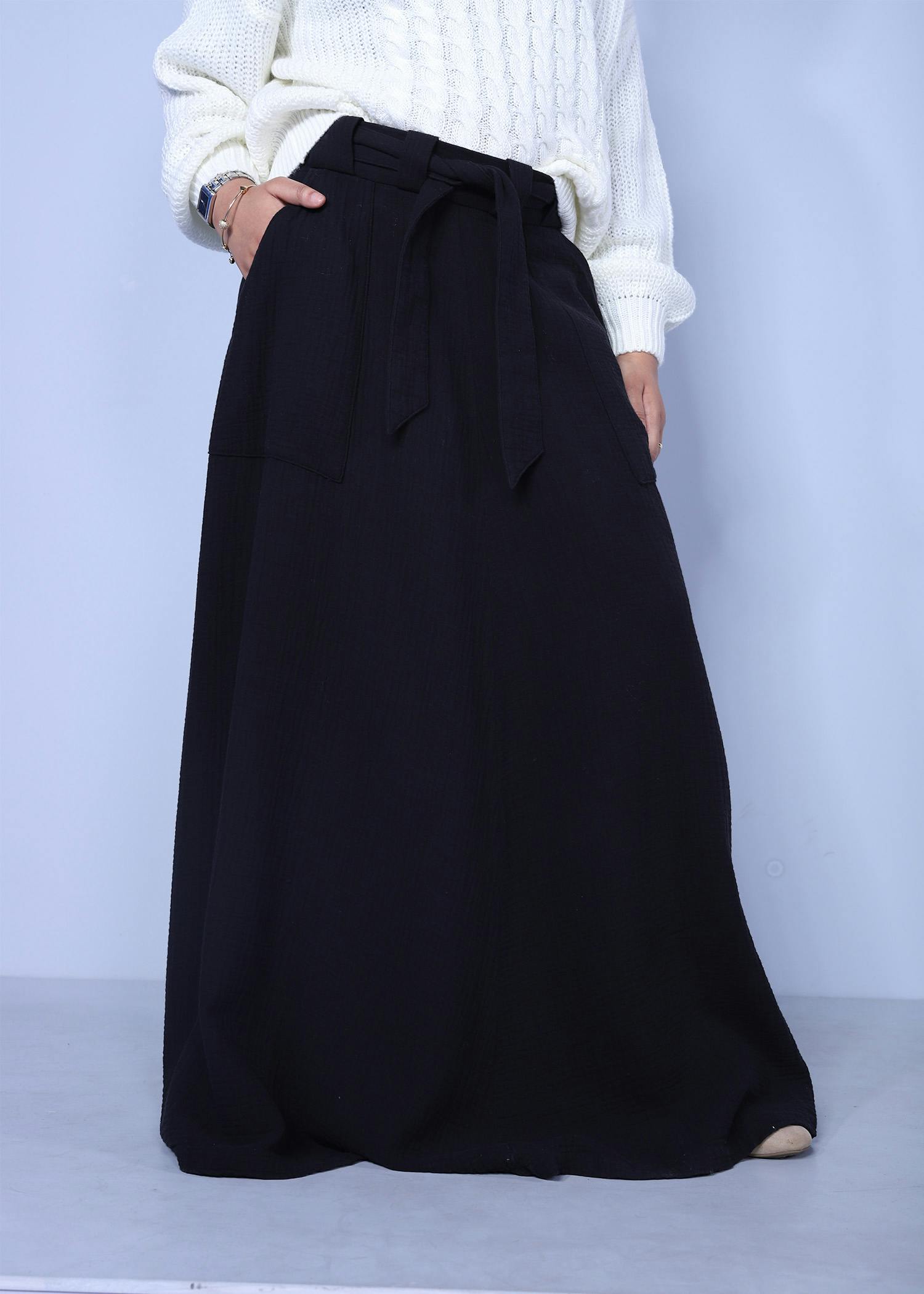 solid iris skirt black color half front view