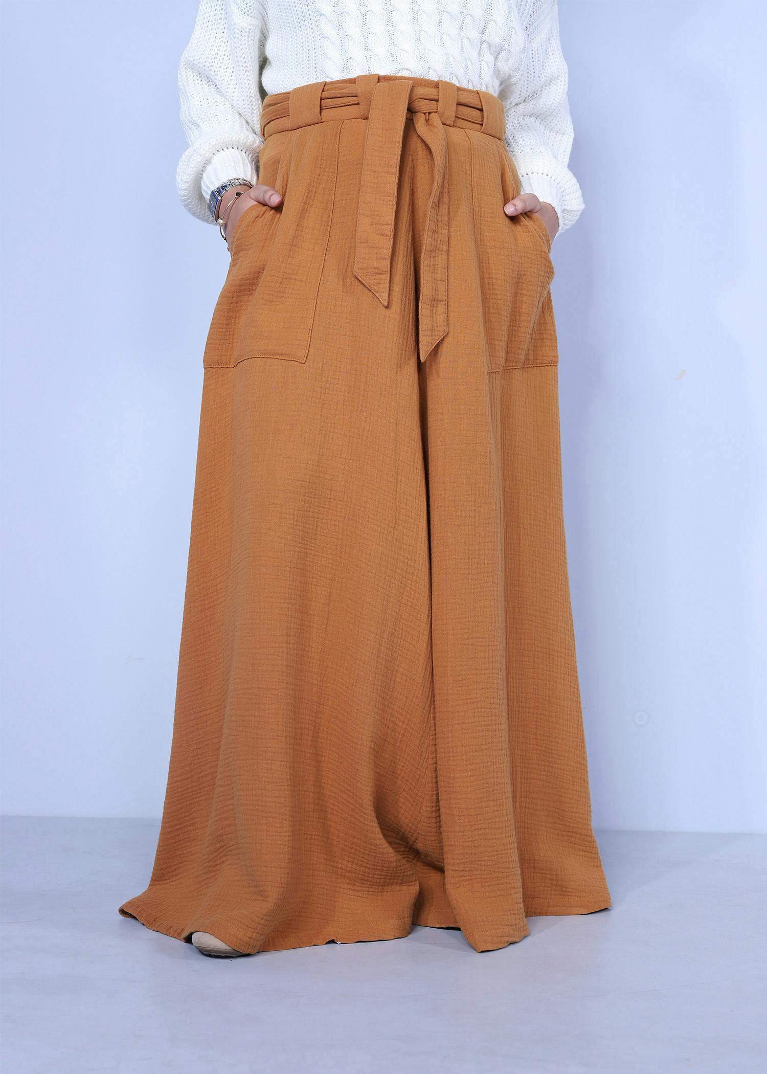 solid iris skirt brown color half front view